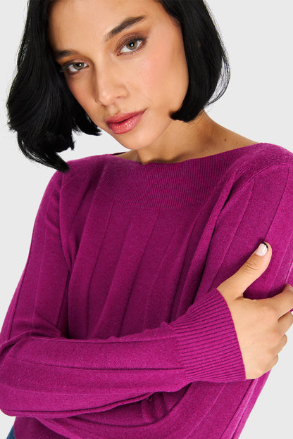 Sweater Acanalado Cuello Bote Lila