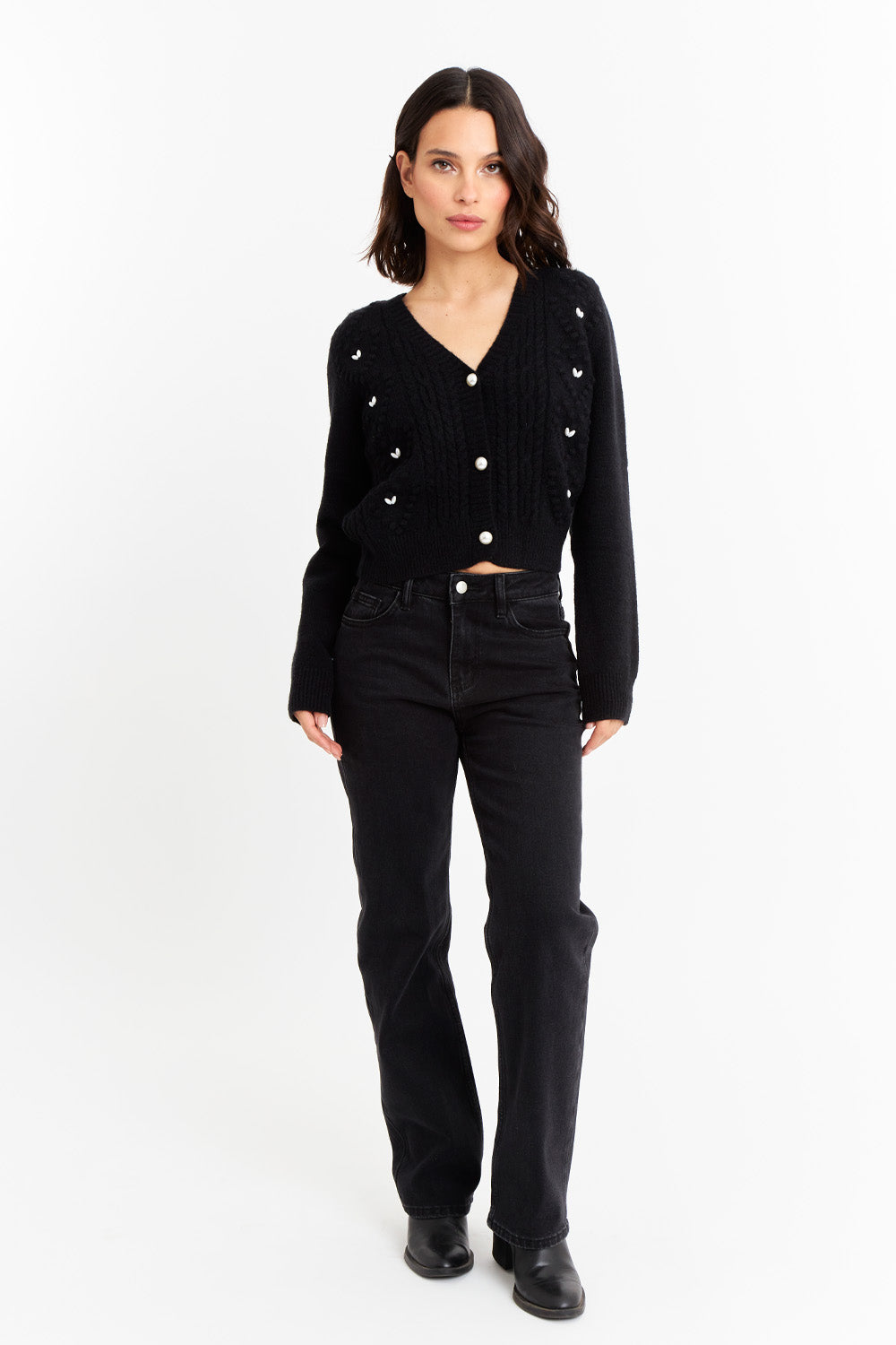 Cárdigan Crop Perlas Negro