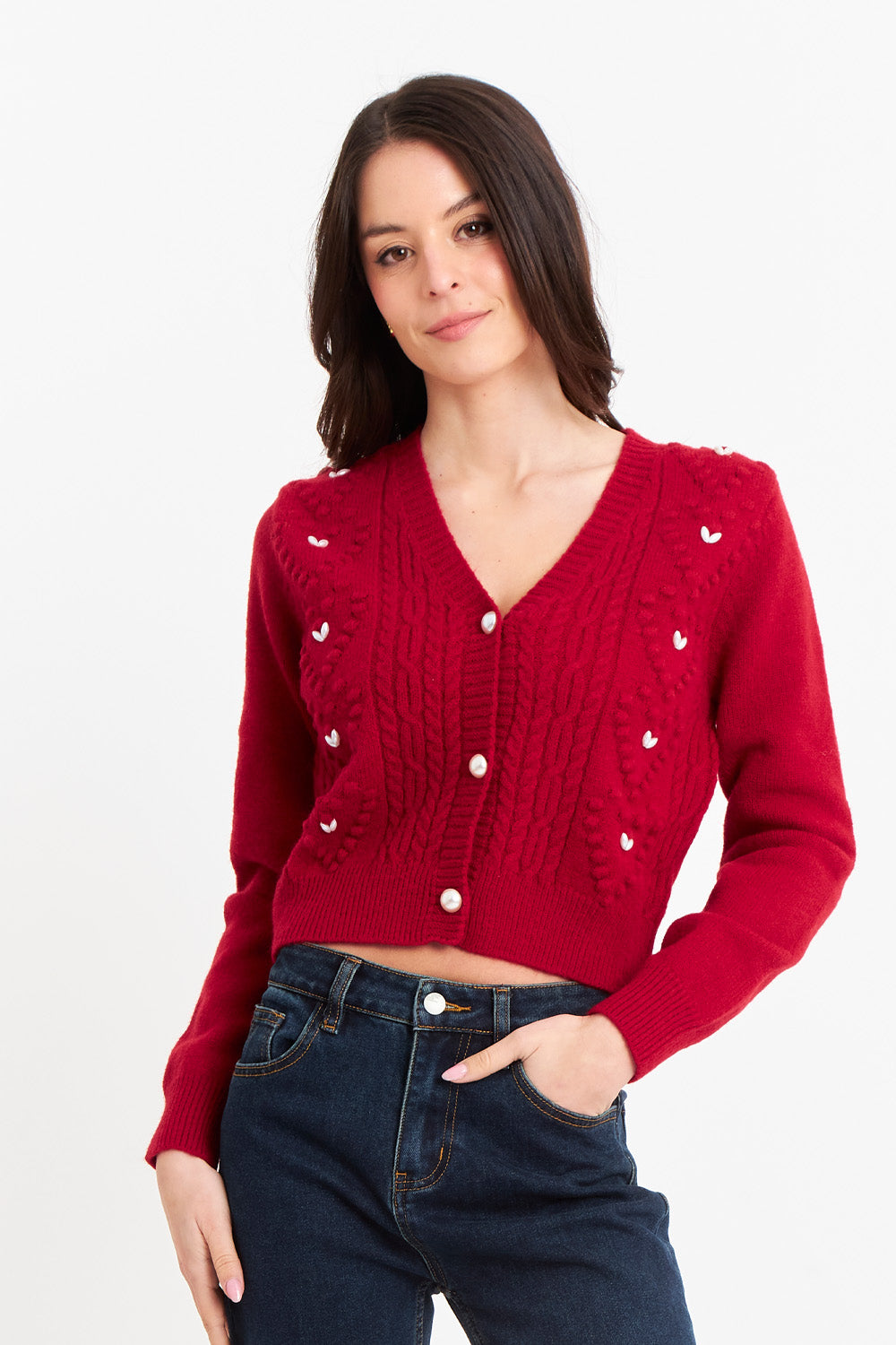 Cárdigan Crop Perlas Rojo
