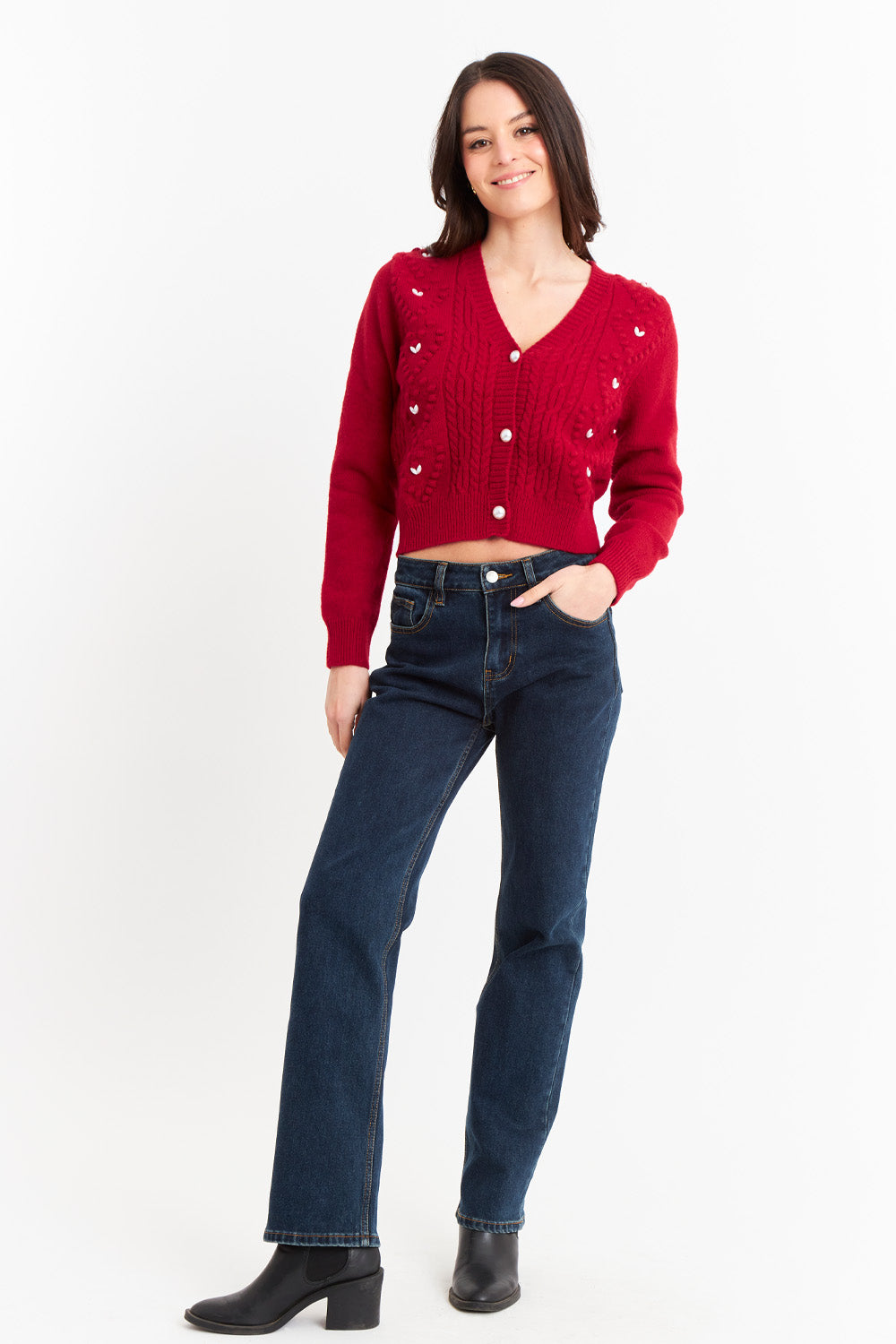 Cárdigan Crop Perlas Rojo