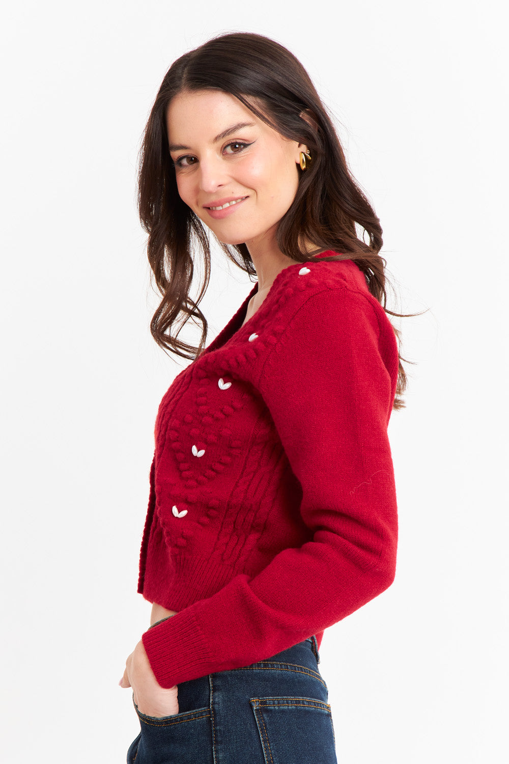 Cárdigan Crop Perlas Rojo