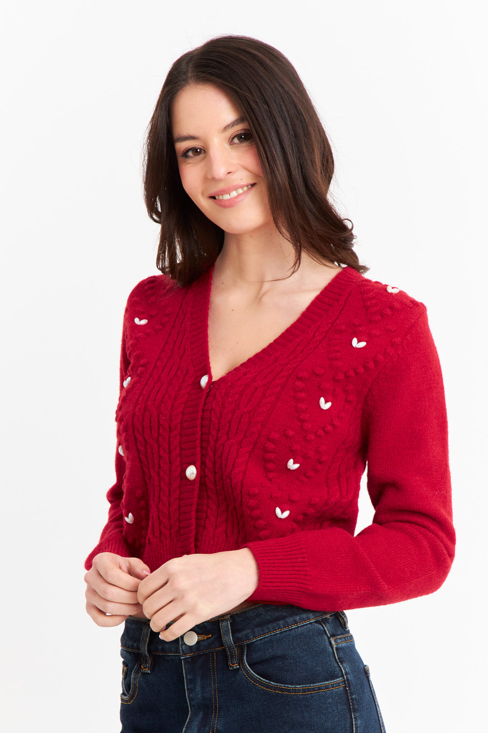 Cárdigan Crop Perlas Rojo