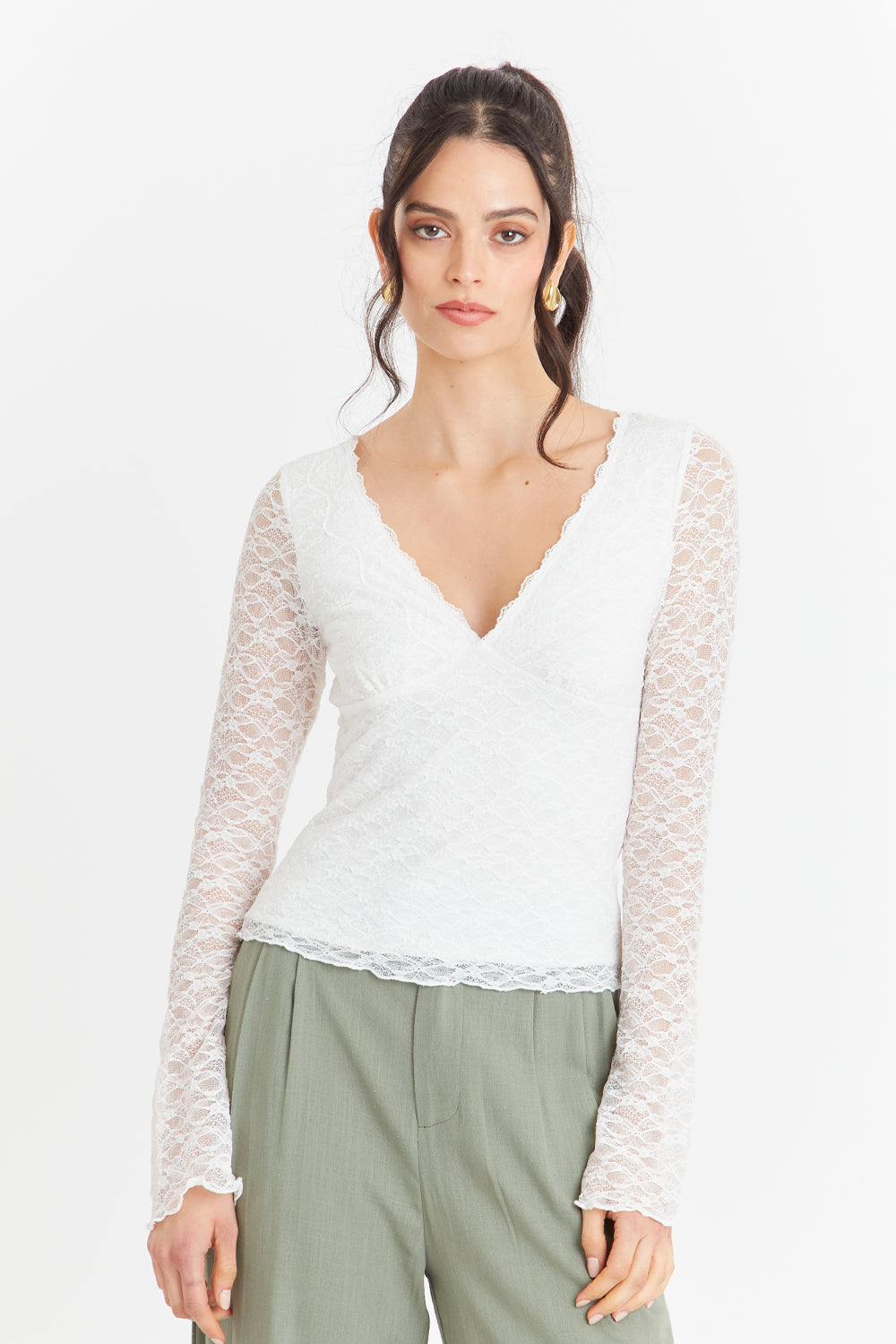 Polera Encaje Manga Larga Blanco