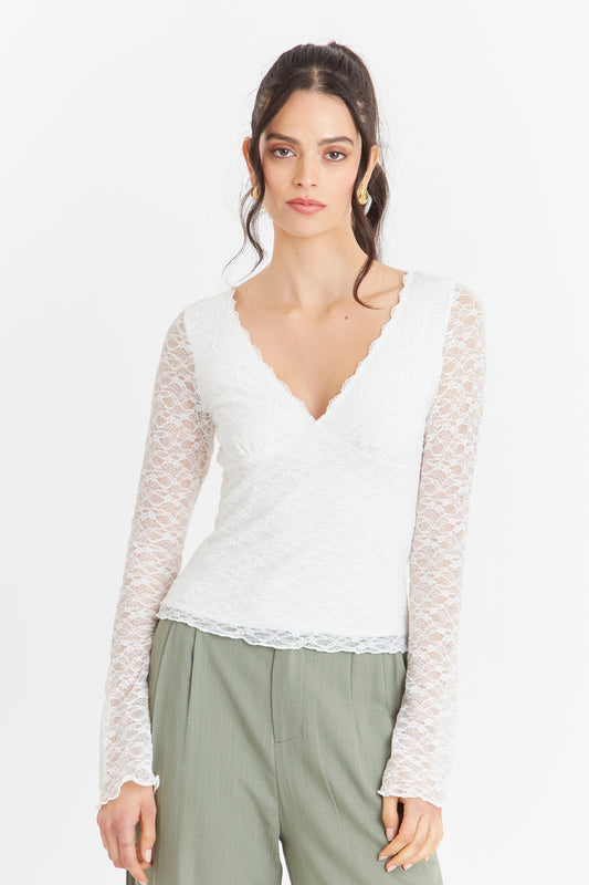 Polera Encaje Manga Larga Blanco