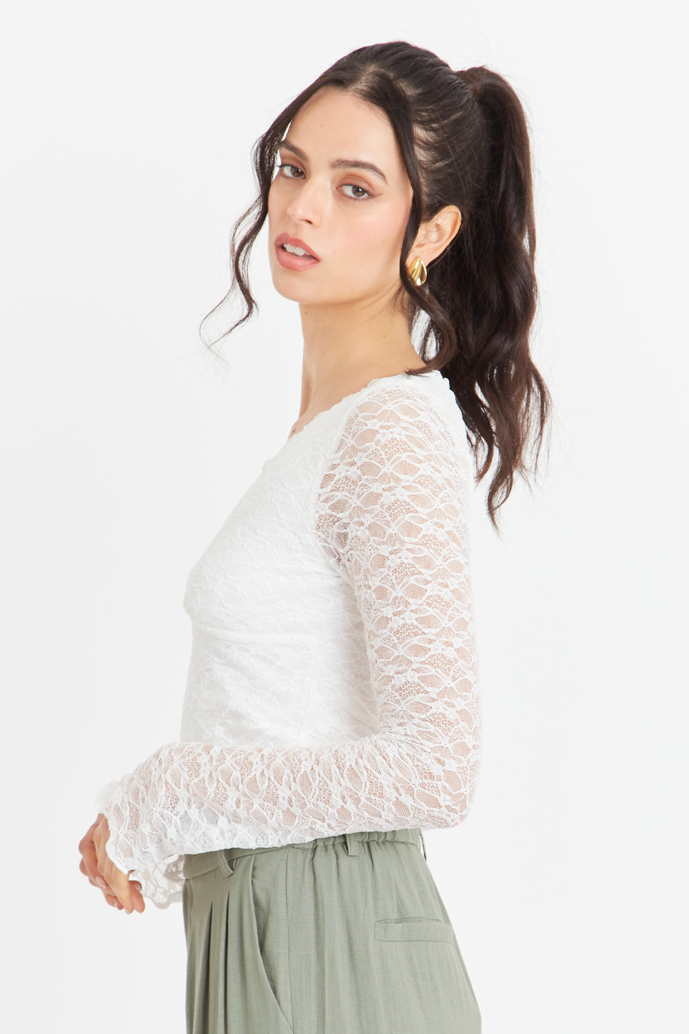 Polera Encaje Manga Larga Blanco