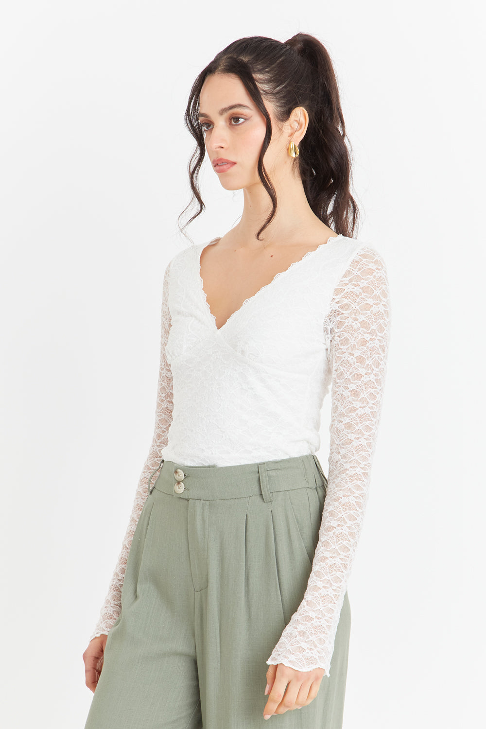 Polera Encaje Manga Larga Blanco