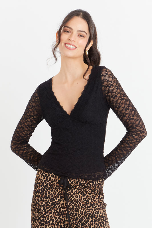 Polera Encaje Manga Larga Negro