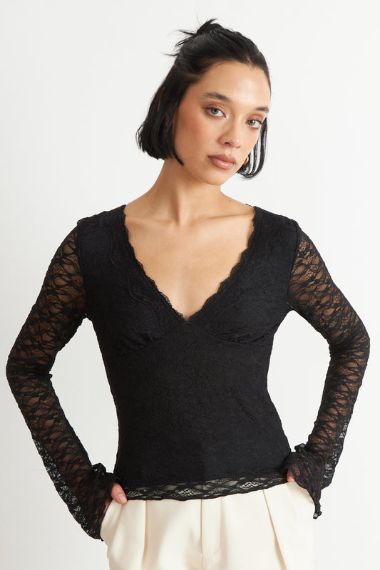 Polera Encaje Manga Larga Negro