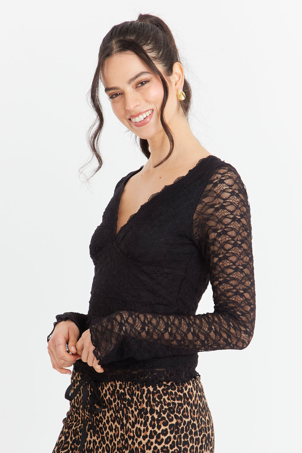 Polera Encaje Manga Larga Negro