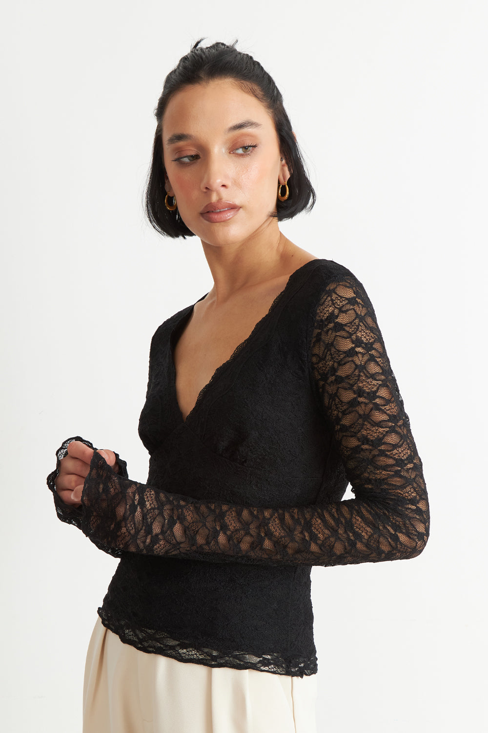 Polera Encaje Manga Larga Negro