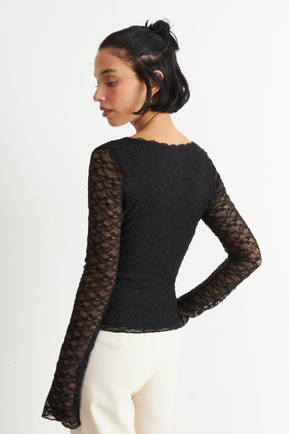 Polera Encaje Manga Larga Negro