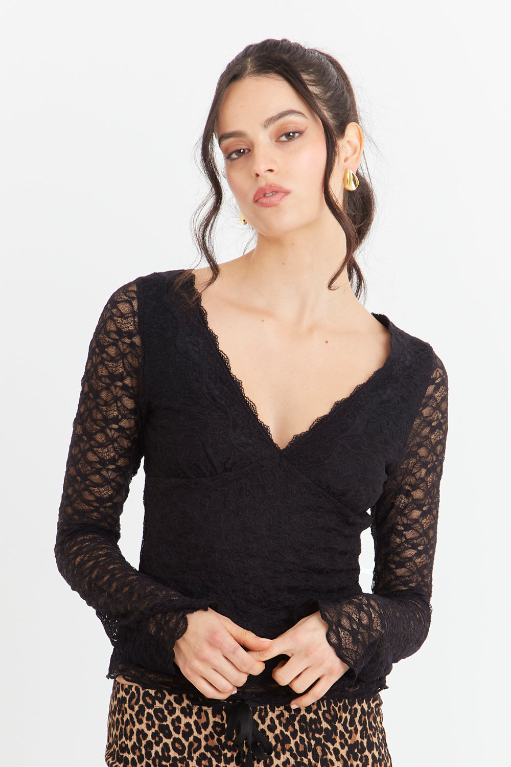 Polera Encaje Manga Larga Negro