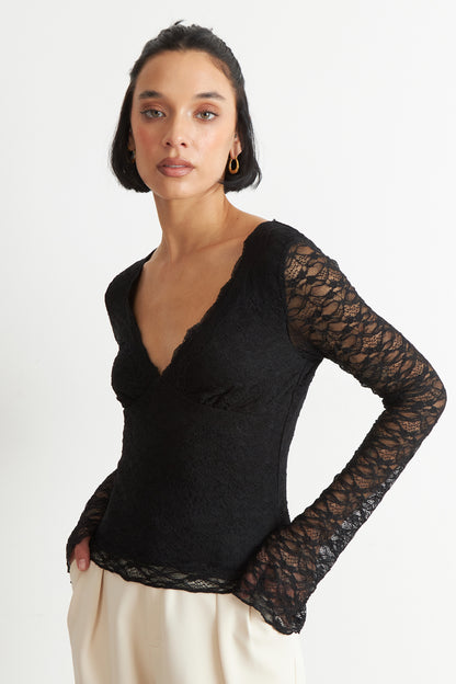 Polera Encaje Manga Larga Negro