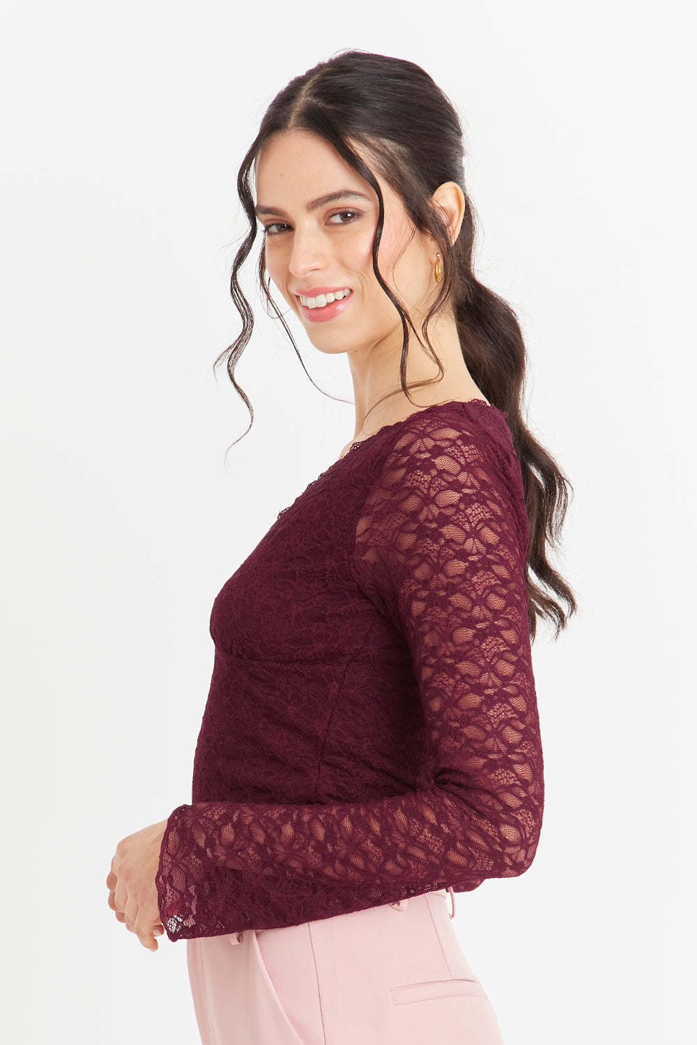 Polera Encaje Manga Larga Burdeo