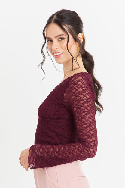Polera Encaje Manga Larga Burdeo