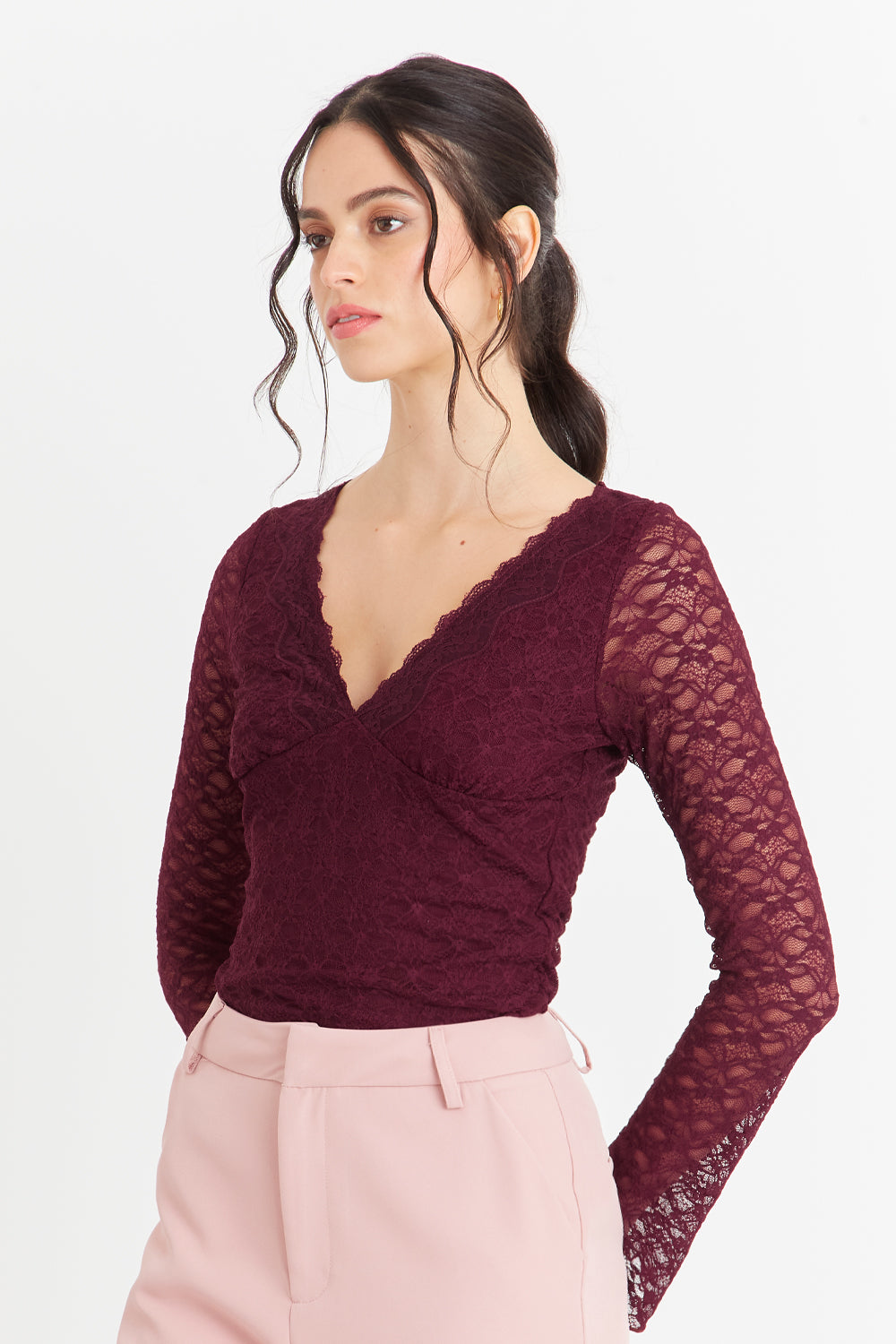 Polera Encaje Manga Larga Burdeo