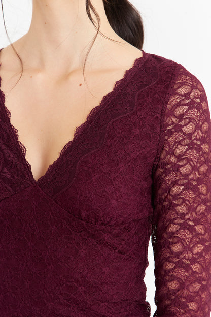 Polera Encaje Manga Larga Burdeo