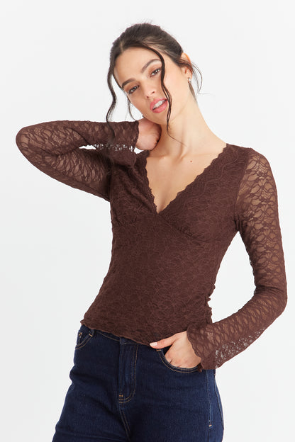 Polera Encaje Manga Larga Café