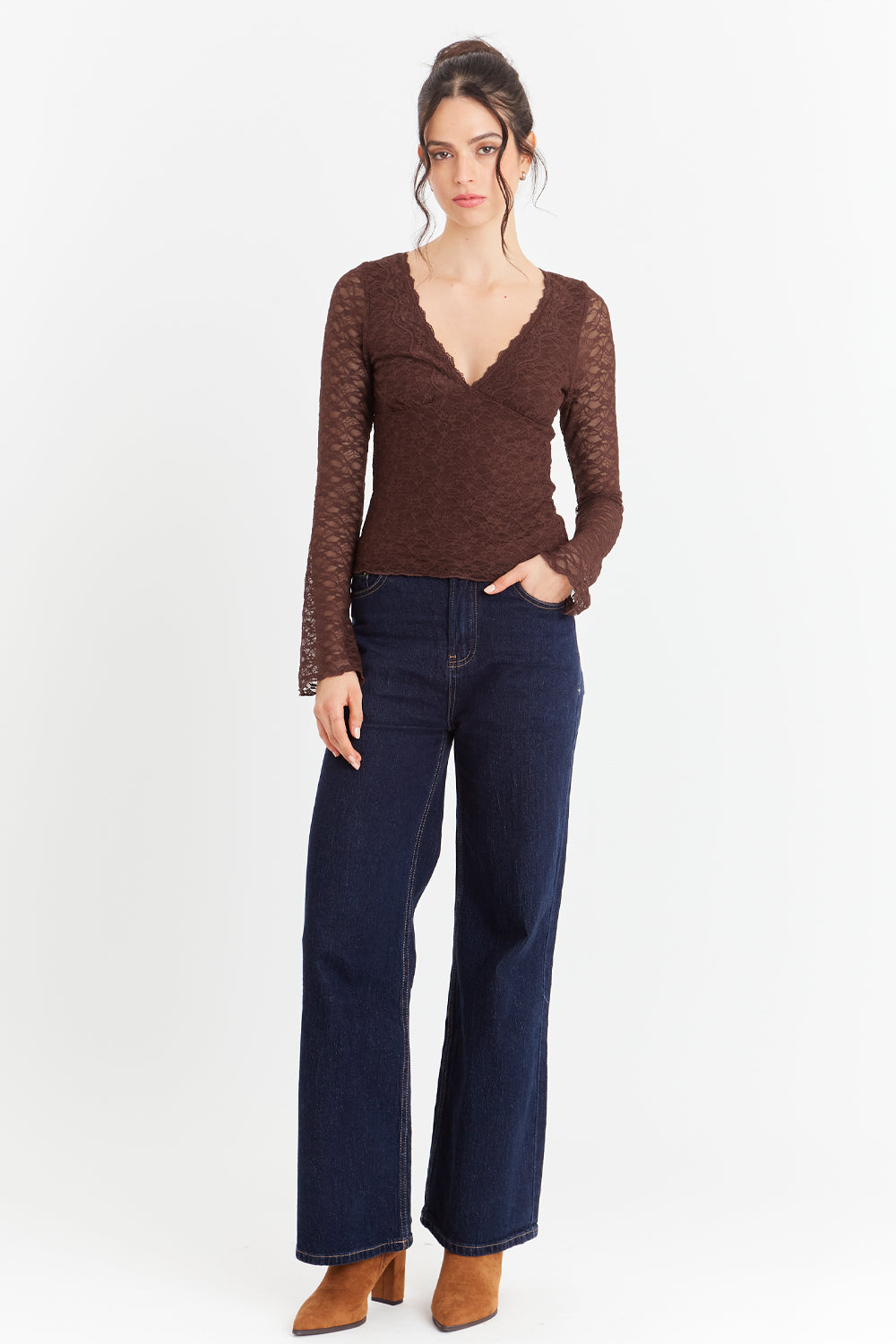 Polera Encaje Manga Larga Café