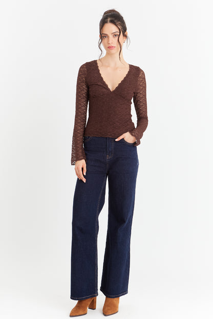 Polera Encaje Manga Larga Café