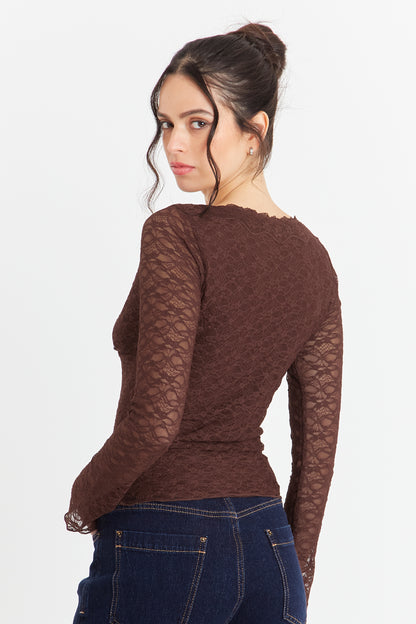 Polera Encaje Manga Larga Café