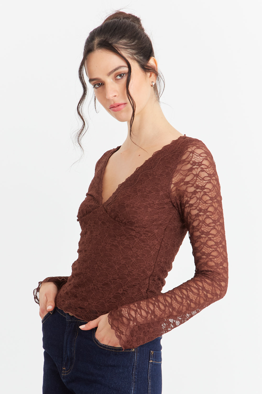 Polera Encaje Manga Larga Café