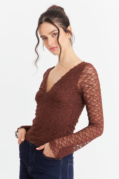 Polera Encaje Manga Larga Café