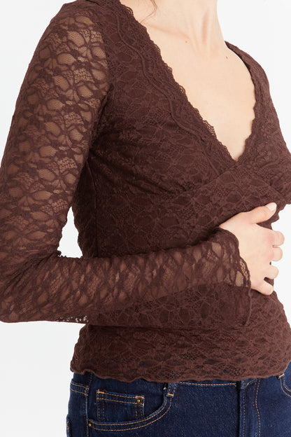 Polera Encaje Manga Larga Café