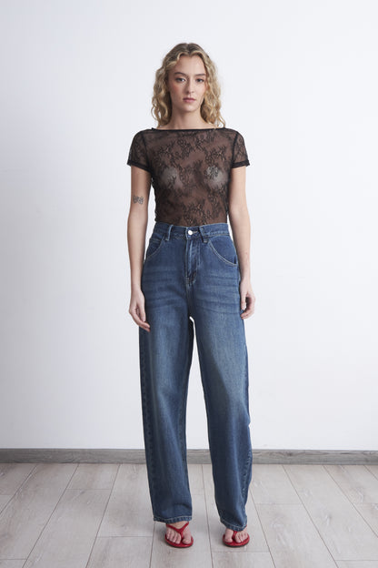 Polera transparente de Encaje Negro