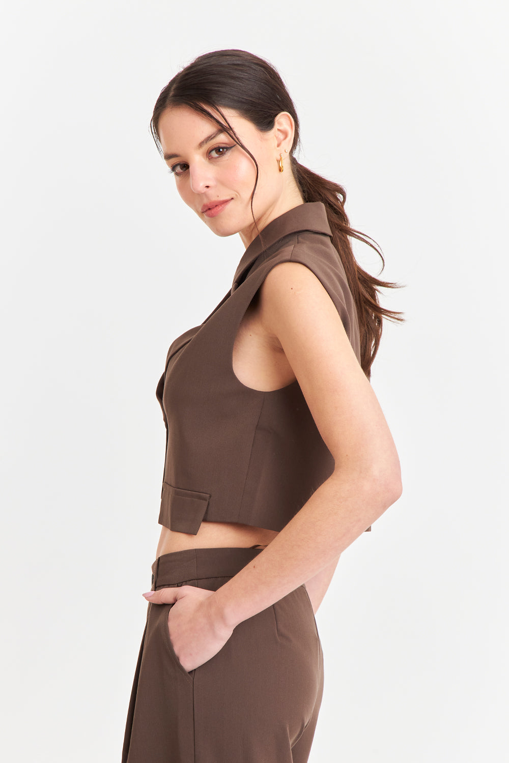 Gilet Crop con Solapa Café