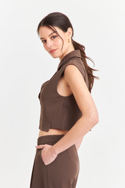 Gilet Crop con Solapa Café