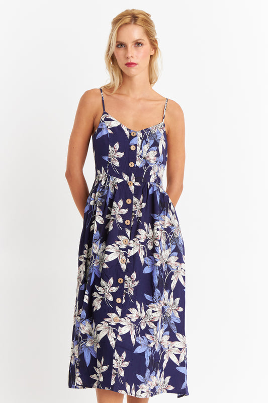 Vestido Floreado Botones Delanteros Azul Marino
