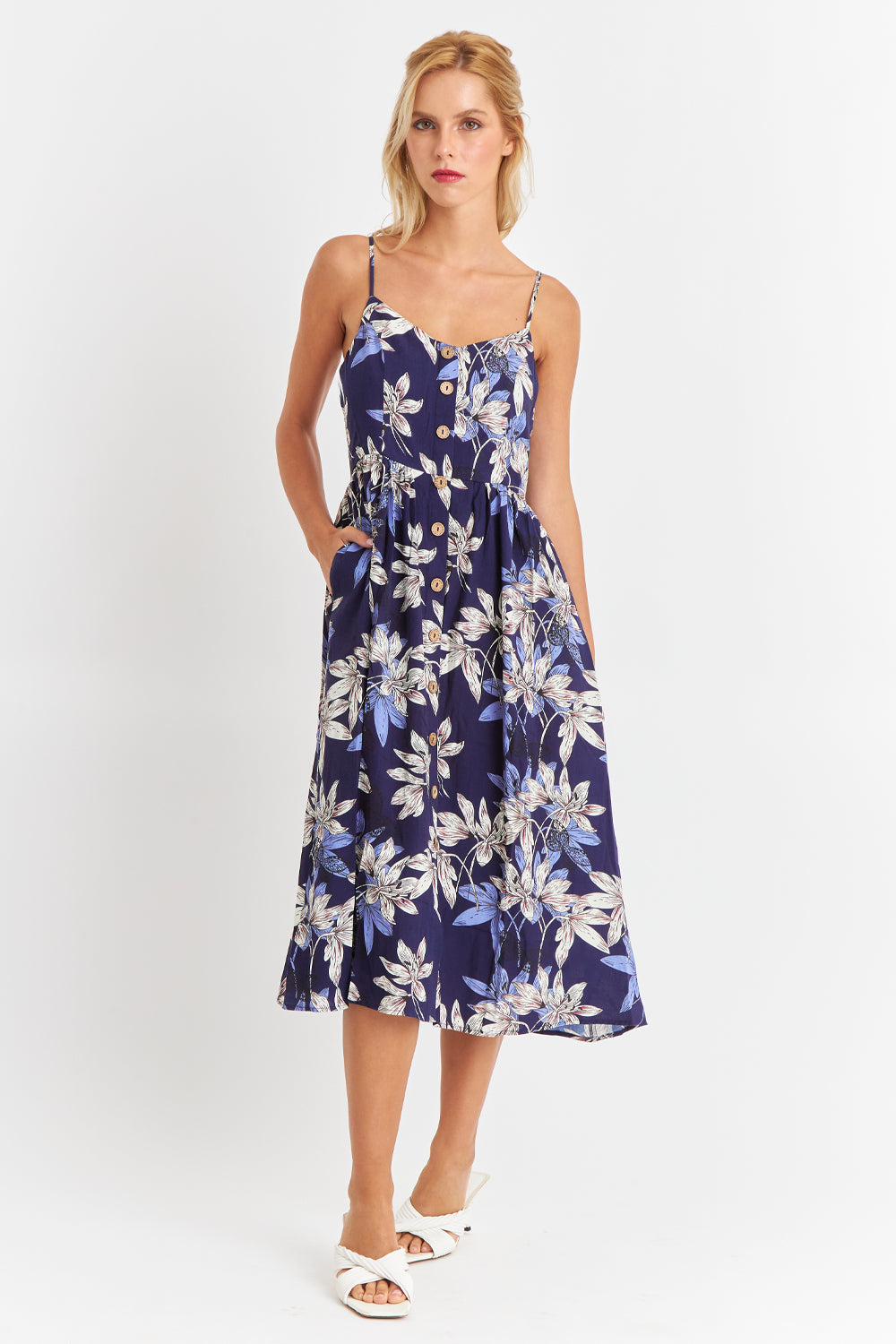 Vestido Floreado Botones Delanteros Azul Marino