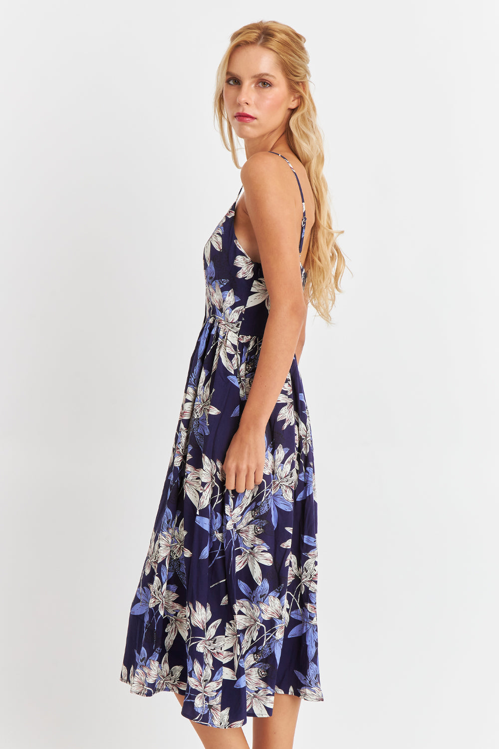 Vestido Floreado Botones Delanteros Azul Marino