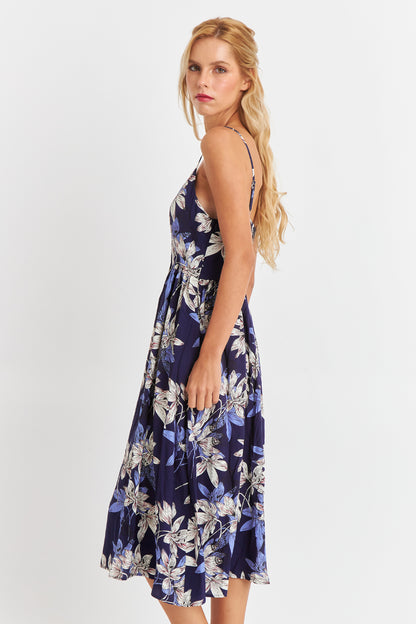 Vestido Floreado Botones Delanteros Azul Marino