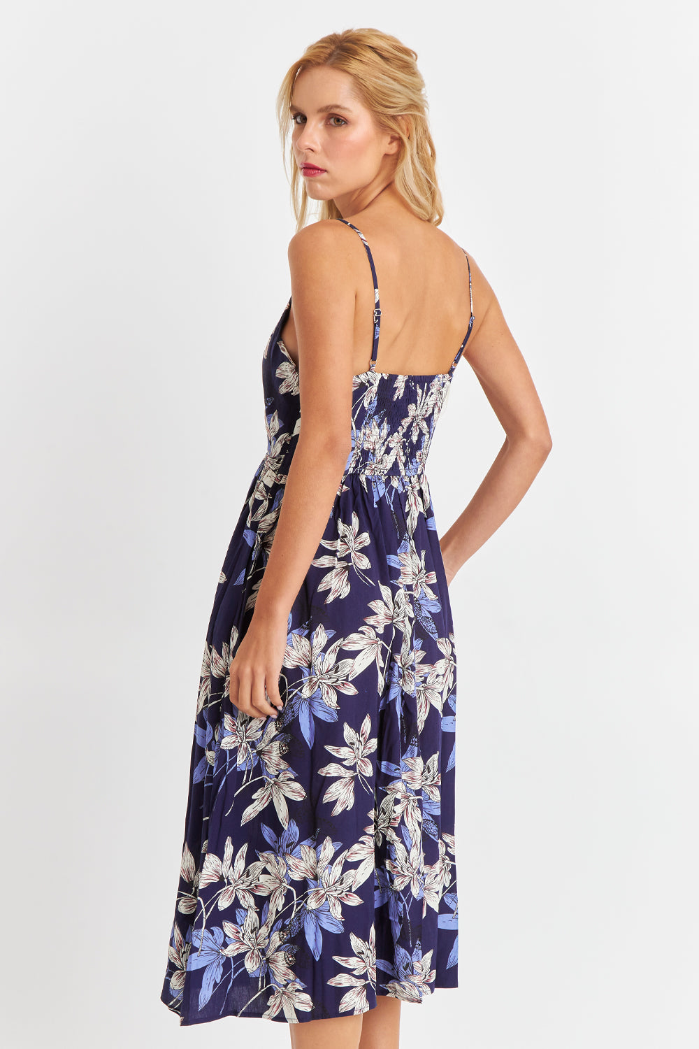 Vestido Floreado Botones Delanteros Azul Marino