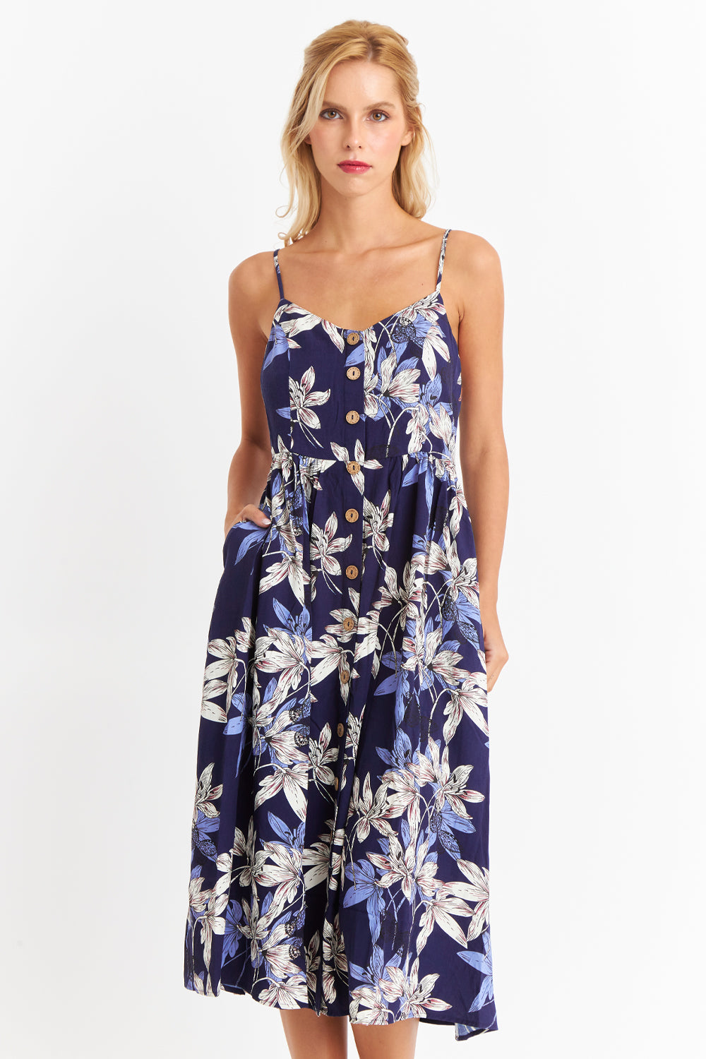 Vestido Floreado Botones Delanteros Azul Marino