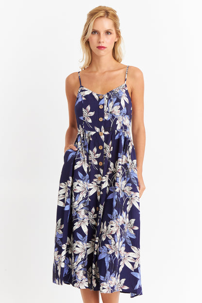 Vestido Floreado Botones Delanteros Azul Marino