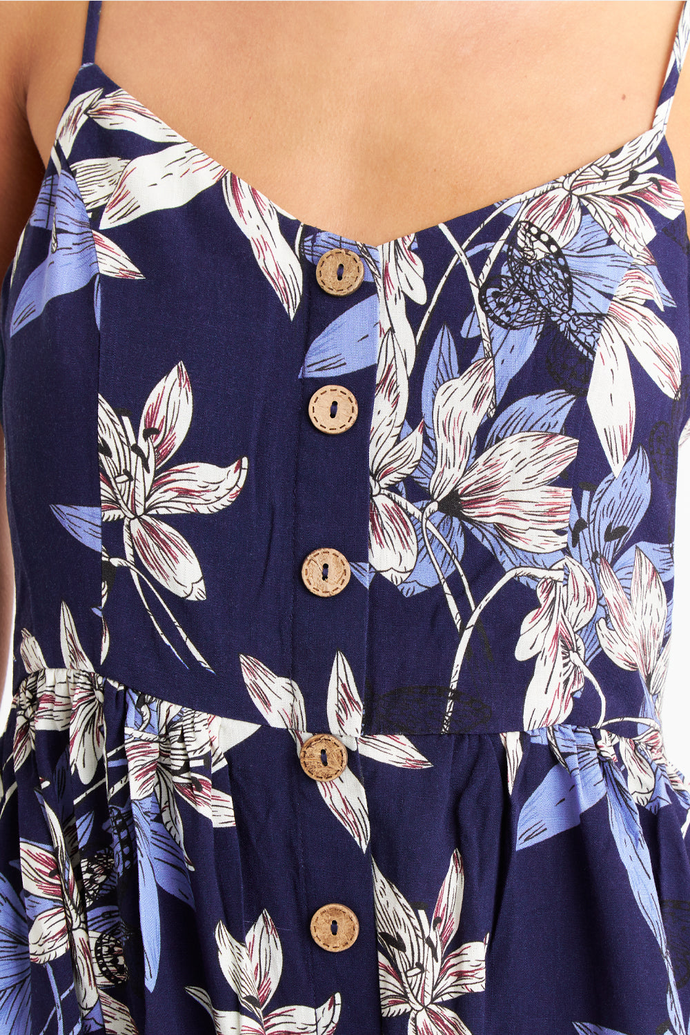 Vestido Floreado Botones Delanteros Azul Marino