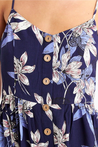 Vestido Floreado Botones Delanteros Azul Marino