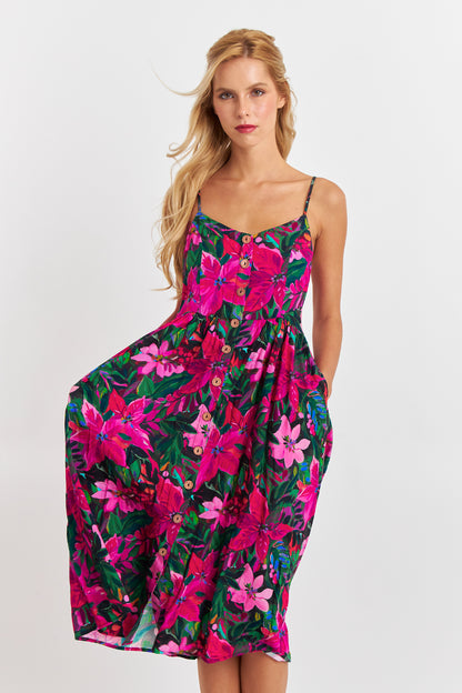 Vestido Floreado Botones Delanteros Fucsia