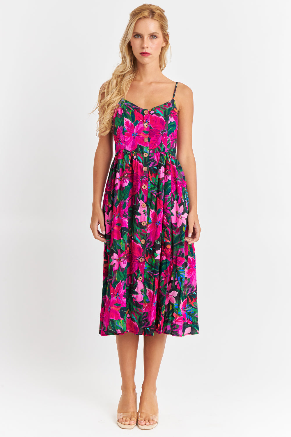 Vestido Floreado Botones Delanteros Fucsia