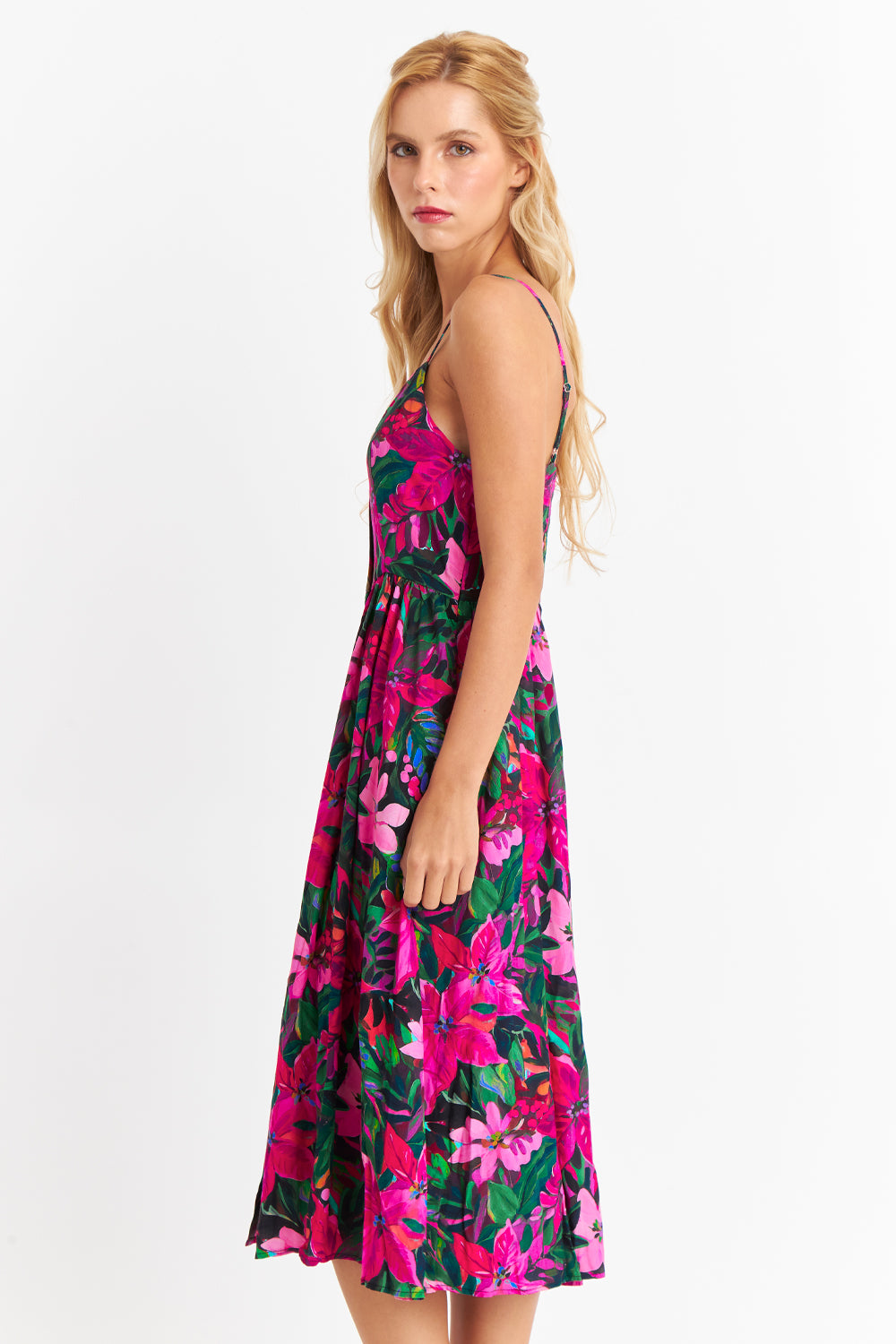 Vestido Floreado Botones Delanteros Fucsia