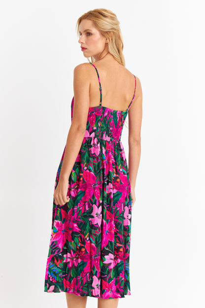 Vestido Floreado Botones Delanteros Fucsia