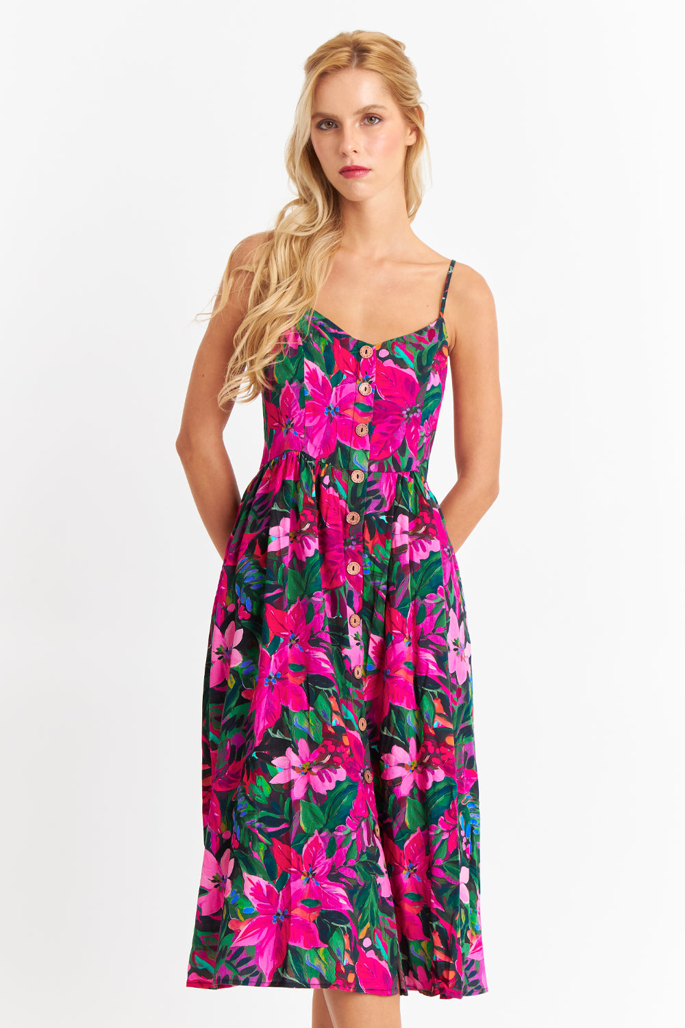 Vestido Floreado Botones Delanteros Fucsia