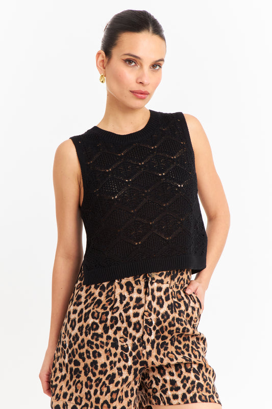 Polera Sin Mangas Tipo Crochet Negro