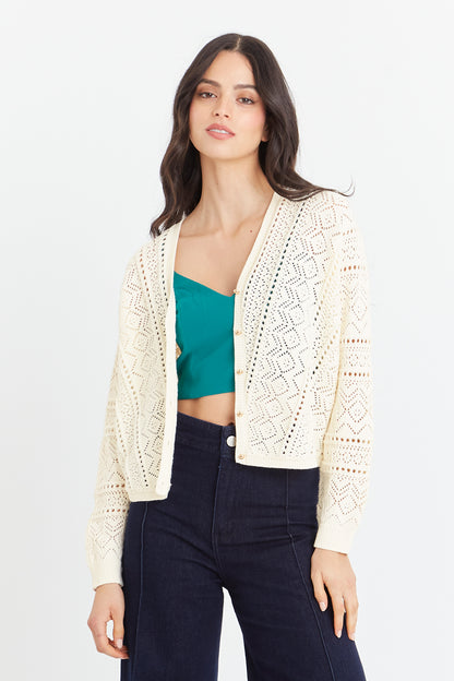 Cárdigan Tipo Crochet Botones Dorados Beige