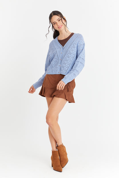 Cárdigan Tipo Crochet Botones Dorados Celeste