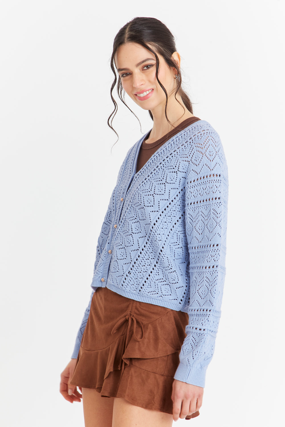 Cárdigan Tipo Crochet Botones Dorados Celeste