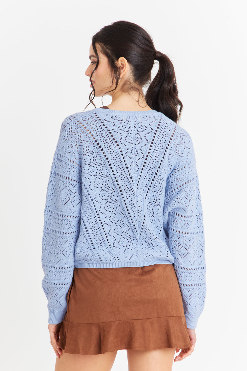 Cárdigan Tipo Crochet Botones Dorados Celeste